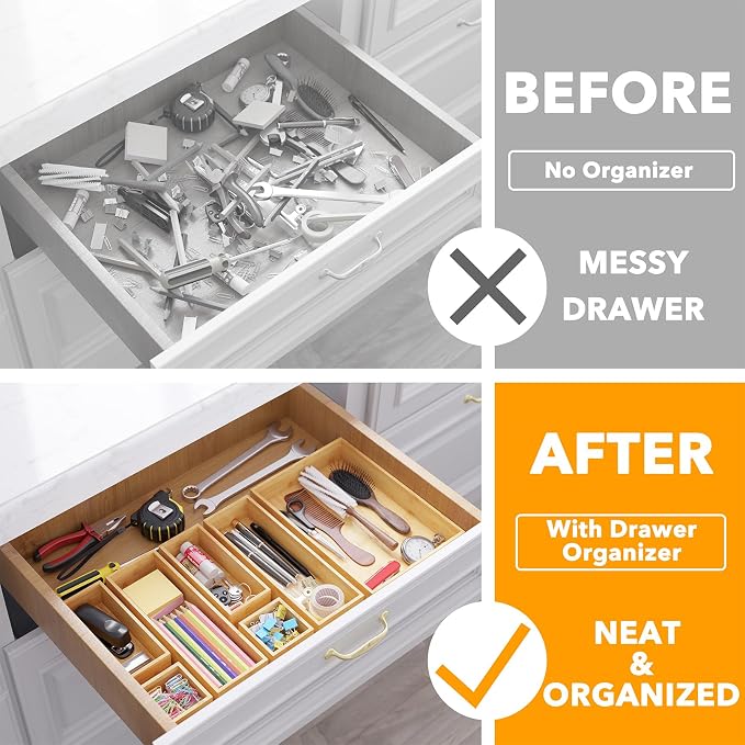 SpaceAid 7-Piece Bamboo Drawer Organizer Storage Boxes Set, Wood Tray Junk Drawer Organizers Multi-Use Divider Bins for Kitchen, Bathroom, Office Desk and Makeup Organization (7 Pack, Natural) - Image 2