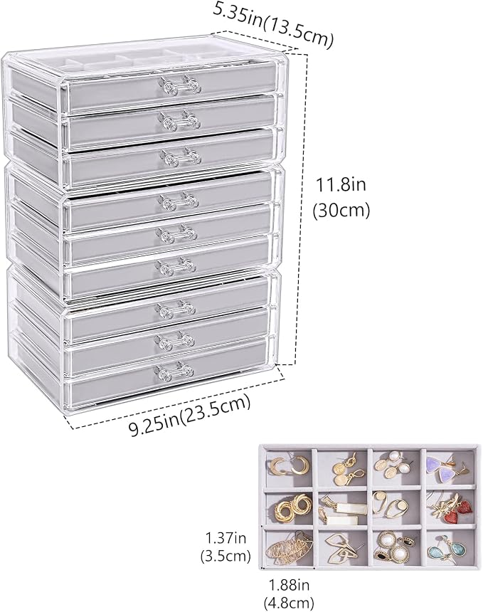 Lolalet Earring Holder Organizer Box Jewelry Storage with 9 Drawers, Clear Acrylic Stackable Earring Case with Adjustable Velvet Trays for Women on Dresser Vanity -Grey, 9 Layers - Image 5