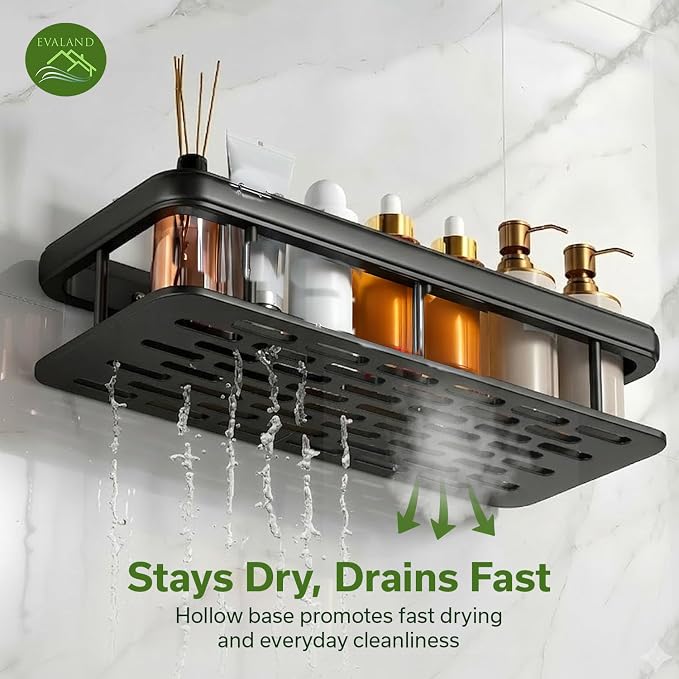 EVALAND Shower Caddy Adhesive 2-Pack with Hooks and Rod for Towels, Black – Premium Bathroom Shower Shelves, Shampoo Organizer, Bathtub Shelf, Rustproof, Easy Installation, Sturdy Modern Look - Image 7