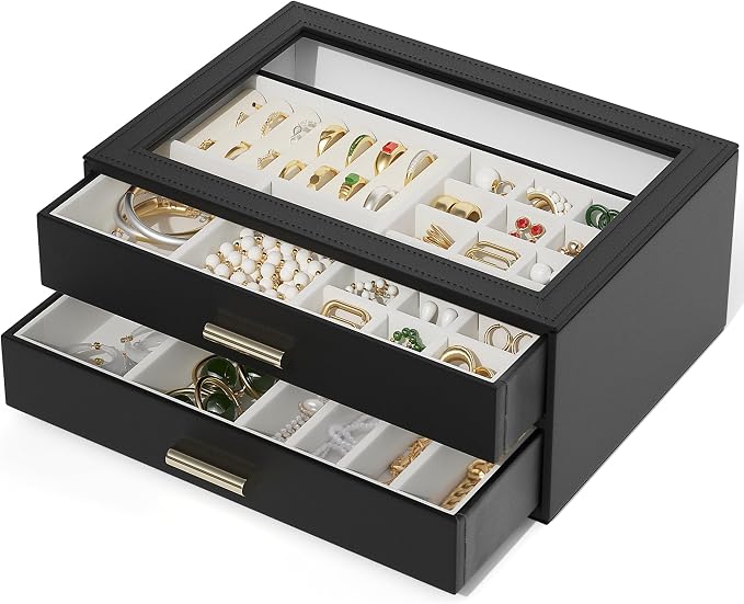 AKOZLIN Jewelry Box with Clear Lid Functional Leather Jewelry Storage Organizer Case 2 Drawers for Women Girls Necklace Ring Bracelet Earring - Image 6