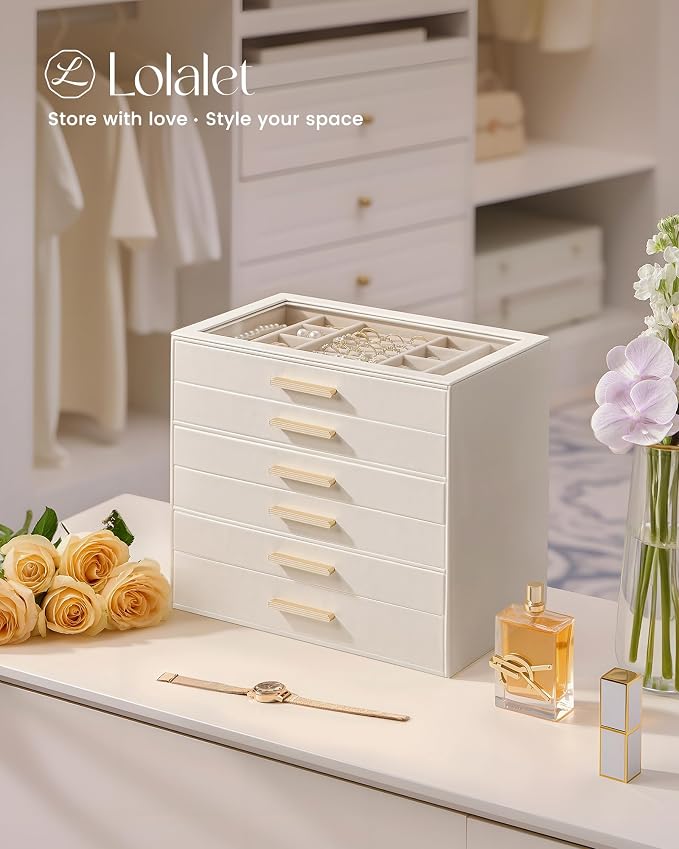 Lolalet Jewelry Box Organizer, 6-Layer Jewelry Organizers and Storage Case with Glass Lid, Ring Earring Bracelet Necklace Holder Organizer, Birthday Valentine Gifts for Women Girls -6Layer, Beige - Image 4