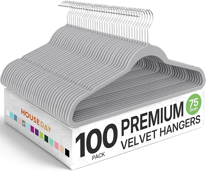 HOUSE DAY Premium Velvet Hangers 100 Pack Grey, Non-Slip Flocked Felt Hangers, Sturdy Clothes Hanger with 360° Rotatable Hook, Heavy Duty Durable Slim Coat Hanger for Closet Space Saving by HOUSEDAY