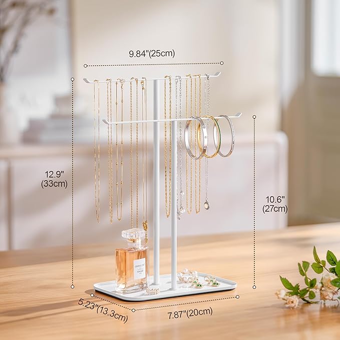 pickpiff Necklace Holder Jewelry Organizer Stand – 2‑Tier T‑Bar Jewelry Display Tree with Tray for Countertop Necklace Bracelet Earring Storage, Vanity Dresser Bathroom Sink, White - Image 7