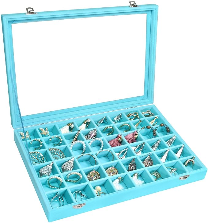 Siveit Velvet Jewelry Tray 48 Grid Jewelry Display Tray Organizer Box with Transparent Lid Rings Earrings Necklaces Pendants Display Box Suitable for Women and Girls (Light Blue) by Siveit