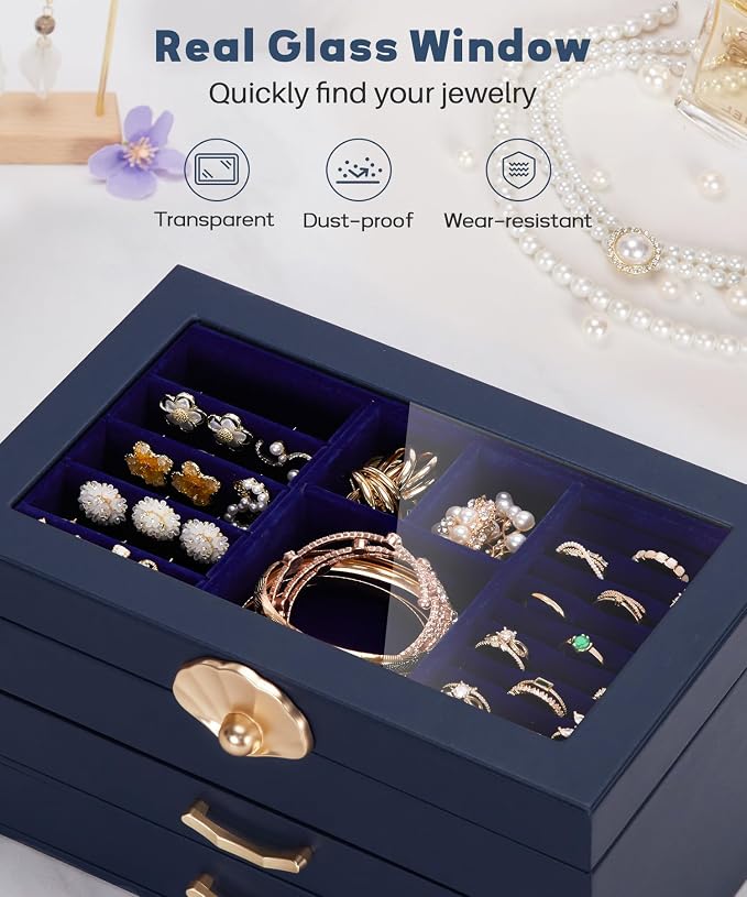 Enthralite Jewelry Box with 2 Drawers: Display Organizer for Earrings Necklaces - Gifts for Girls Women (Dark Blue) - Image 4