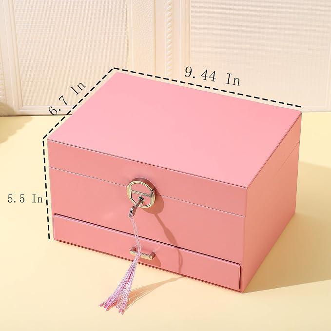 BOOVO Earring Jewelry Box For Women Girl Stud Organizer, 5 Layers Girl Jewelry Organizer Box With Lock Earring Holder Organizer Necklace Ring Jewelry Organizer Box For Girls (Pink) - Image 4