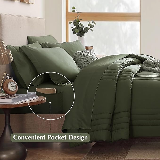 Monbix Oversized Queen Size Comforter Set - 7 Pieces Bed in a Bag, Olive Green Bedding Sets with Comforter, All Seasons Comforter Bed Set with Sheets, Pillowcases & Shams