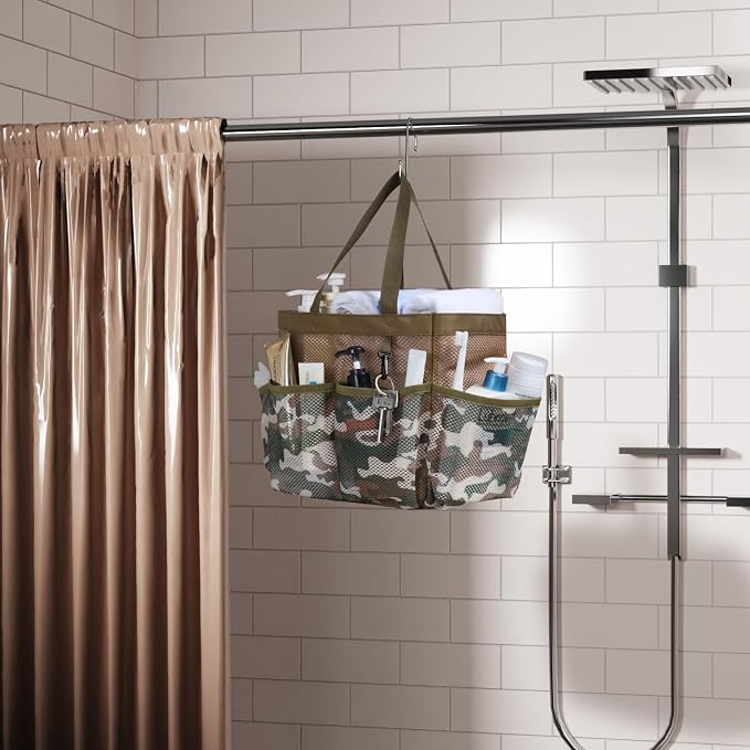 F-color Shower Caddy Portable - Mesh Shower Bag Basket Tote for College Dorm Room Essentials Bathroom Gym Camp Quick Dry for Women Men with S Hook, Brown Camouflage - Image 6