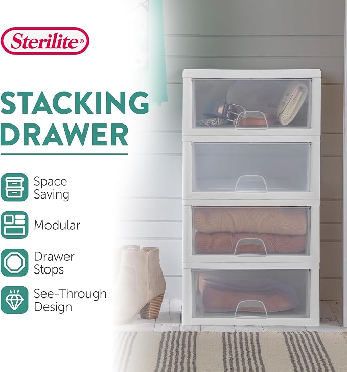 Sterilite 24-Pack 16 Quart Stacking Drawer, Clear Storage Closet Organizer, White Frame - Stackable Modular Plastic Drawers for Clothes, Accessories, Craft Supplies, Shoes or Linens - Image 4