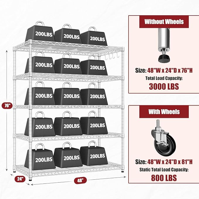 PrimeZone 5 Tier 48" Wx24''Dx81''H Wire Shelving with Wheels 3000lbs NSF Storage Shelves Heavy Duty Metal Shelf Adjustable Rolling Rack Commercial Garage Restaurant Warehouse Kitchen Chrome 8Pack - Image 3