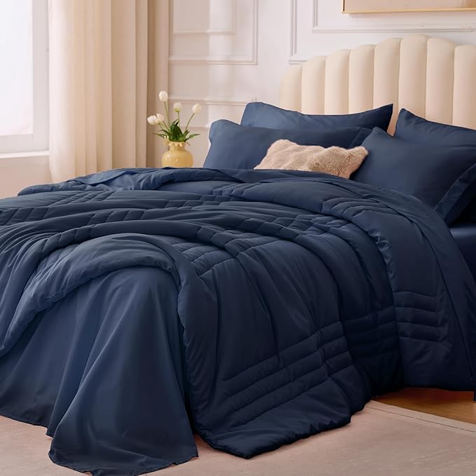 King Comforter Set Navy - Bed in a Bag King Size 7 Pieces, Soft Bedding Set for All Seasons, Premium King Comforter Set with Comforter, Sheets, Pillowcases & Shams