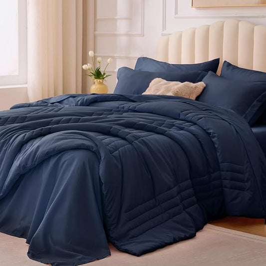 King Comforter Set Navy - Bed in a Bag King Size 7 Pieces, Soft Bedding Set for All Seasons, Premium King Comforter Set with Comforter, Sheets, Pillowcases & Shams
