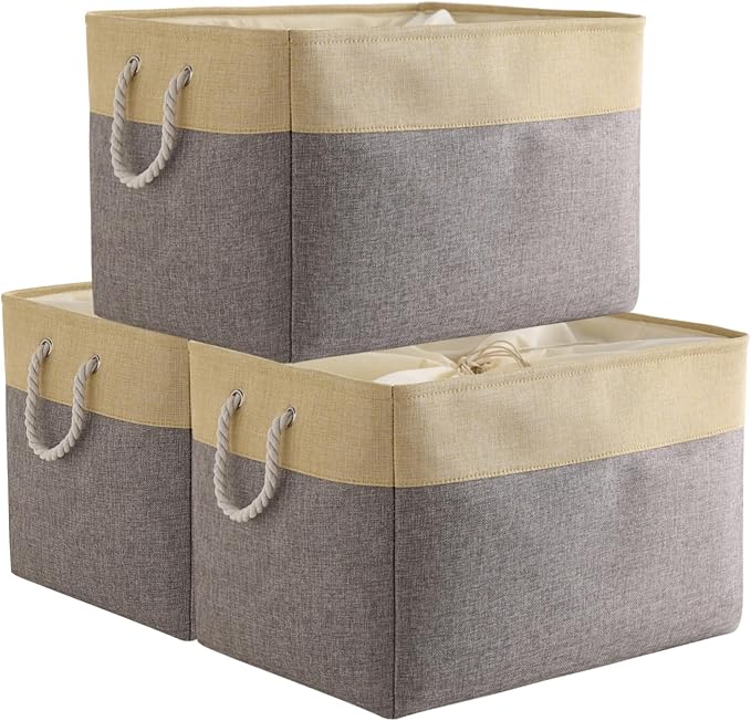 TheWarmHome Storage Bins Baskets for Organizing - Extra Jumbo 3 Pack 20.5Lx15.7Wx13.8H Sturdy Fabric Storage Basket for Shelves, Decorative Foldable Closet Nursery Toy (Gold&Grey) by TheWarmHome