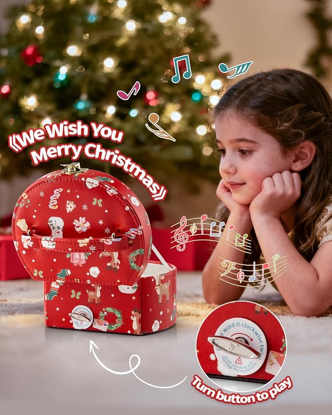 Vlando Christmas Gifts for Girl, Musical Jewelry Box for Girls, Small Kid Music Box with Ballerina for Party Bedroom Decor, Gifts for Girls Kids - Christmas Red - Image 3