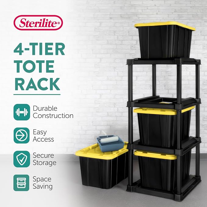 Sterilite 4 Tier Tote Rack, Vertical Plastic Organizer with 4 Pack 27 Gallon Industrial Storage Totes, Black - for Garages, Workshops, or Basements - Image 2