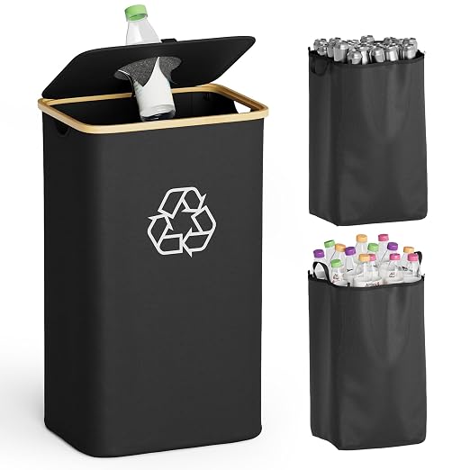 SpaceAid Recycling Bin for Kitchen 26 Gallon, 100L Recycle Bin with Lid and 2 Reusable Inner Bags, for Bottle Can Glass Plastic Stickers, Black by SpaceAid