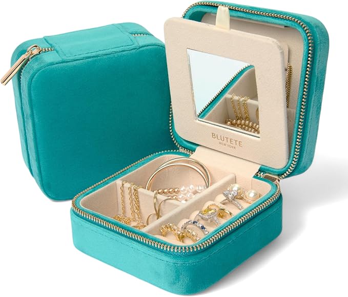 BLUTETE Travel Jewelry Box Organizer Velvet Travel Case With Mirror Ring Earrings Necklaces Storage Organizer Box (Turquoise) by BLUTETE