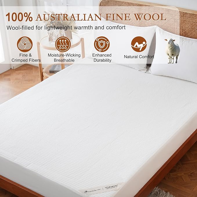 YOUR MOON Natural Wool Mattress Pad Full – 200GSM Organic Australian Wool Mattress Topper, Quilted Fitted Mattress Bed Cover with 16" Deep Pocket, Hypoallergenic Cotton Cover (White)