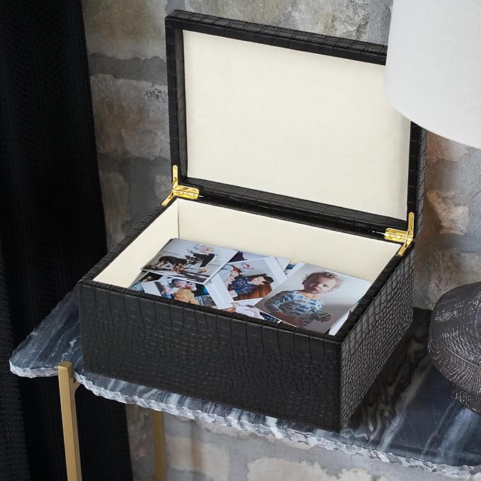 HofferRuffer Faux Leather Decorative Box, Large Wooden Structure Keepsake Box Accessory Organizer Jewelry Organizer with Hinged Lid, Storage Container for Home or Office (CrocoBlack) - Image 5