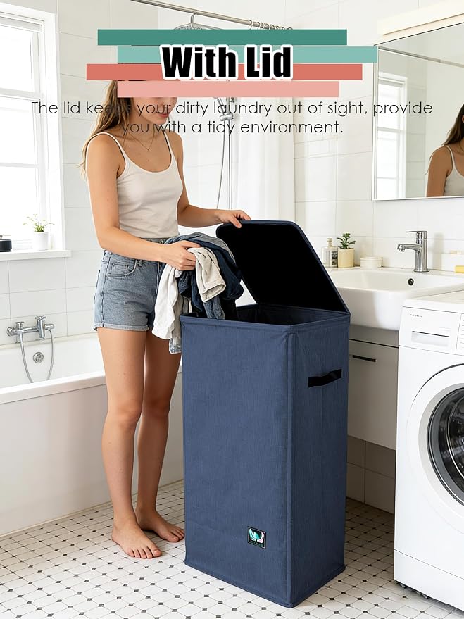 WTREE Laundry Hamper with Lid, Reinforced Sturdy Clothes Hamper with Anti-Puncture Base, Large Collapsible Laundry Basket with Removable Liner Bag, Tall Dirty Clothes Bin for Family, 100L Navy Blue - Image 2