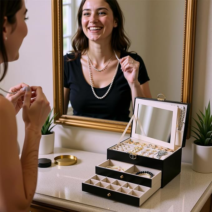 3 Layer Jewelry Boxes for Women with Mirror Large Jewelry Holder Organizer with 2 Jewelry Organizer Drawer PU Lockable Elegant Unique Gifts for Women, Black - Image 4