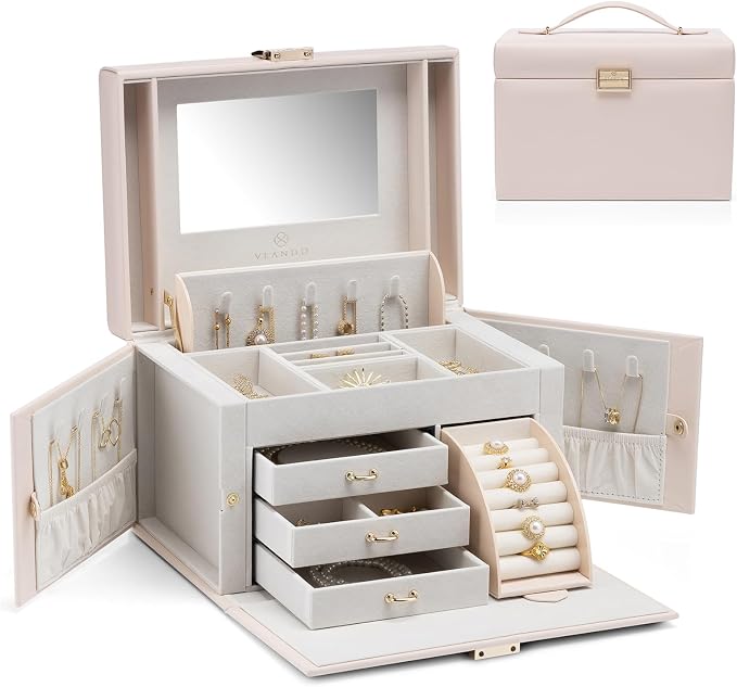 Vlando Mirrored Jewelry Box Organizer, Leather Jewelry Storage Case, Necklaces Earrings Rings Brackets Box Holder, Pink Beige by VLANDO