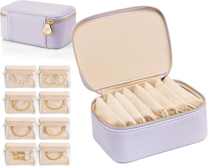 VLANDO Travel Jewelry Box Organizer – Portable PU Leather Jewelry Case with 6/8/12 Zippered Pouches, Compact Storage for Earrings Rings Necklaces Bracelets, Lilac Purple by VLANDO