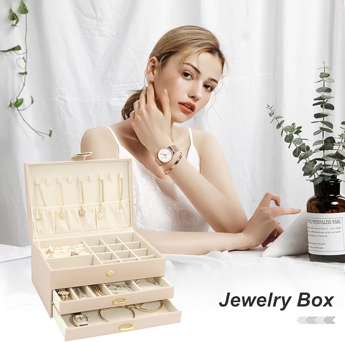 3-Layer Jewelry Box with 2 Drawers, Large Capacity Jewelry Holder Box for Women Girls, Best Gifts for Christmas Valentine's Day New Year.(Apricot) - Image 4