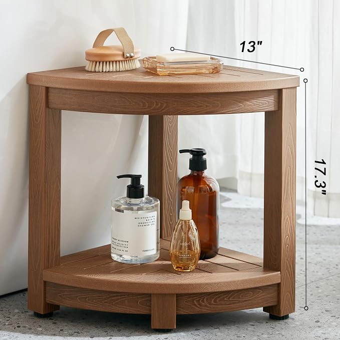 KaimuBench Corner Shower Stool for Shaving Leg, Waterproof Bathroom Shower Bench Seat for Inside Shower, Poly Lumber Plastic Shower Chair Seat, Shower Foot Rest with Adjustable Feet, Non-Slip, Brown - Image 2