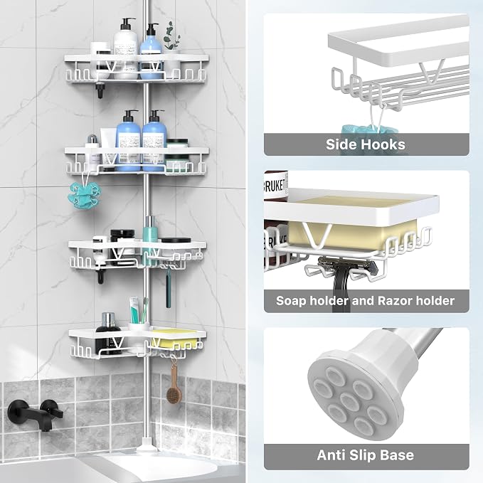 DAOYA Shower Caddy Tension Pole Corner - Stainless Steel Bathroom Organizer White Tension Rod Shower Shelves for Tub(22-114.2inch), Renter Friendly - Image 6