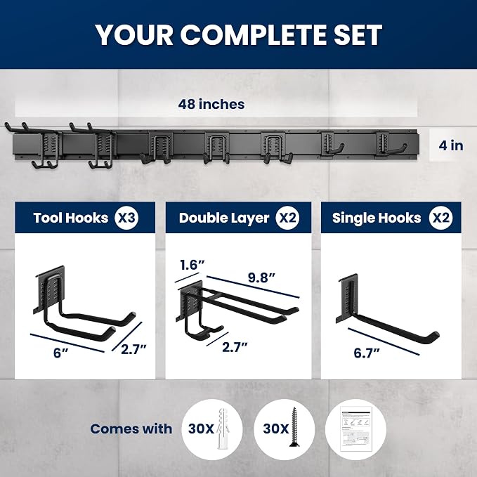 48'' All-Metal Garage Tool Organizer Wall Mount Heavy-Duty Tool Rack Holds 450 lbs, Adjustable Hooks for Garage, Yard, and Garden Equipment - Image 5