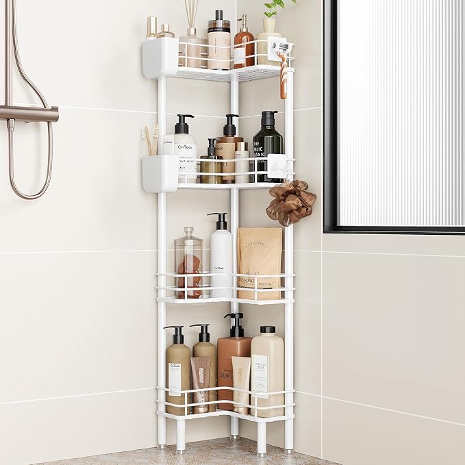 Orimade Rustproof 4 Tier Floor Standing Corner Shower Caddy Organizer with Toothbrush Holder, Large Spacing Floor Shower Shelf Rack Storage Stands with Hooks for Bathroom Kitchen, White by Orimade