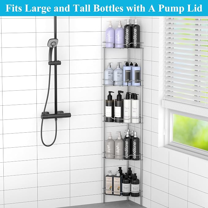 HuggieGems 5 Tier Floor Standing Corner Shower Caddy Organizer Shelf with Hooks, Bathroom Shelves Stand Rack, Gray - Image 4