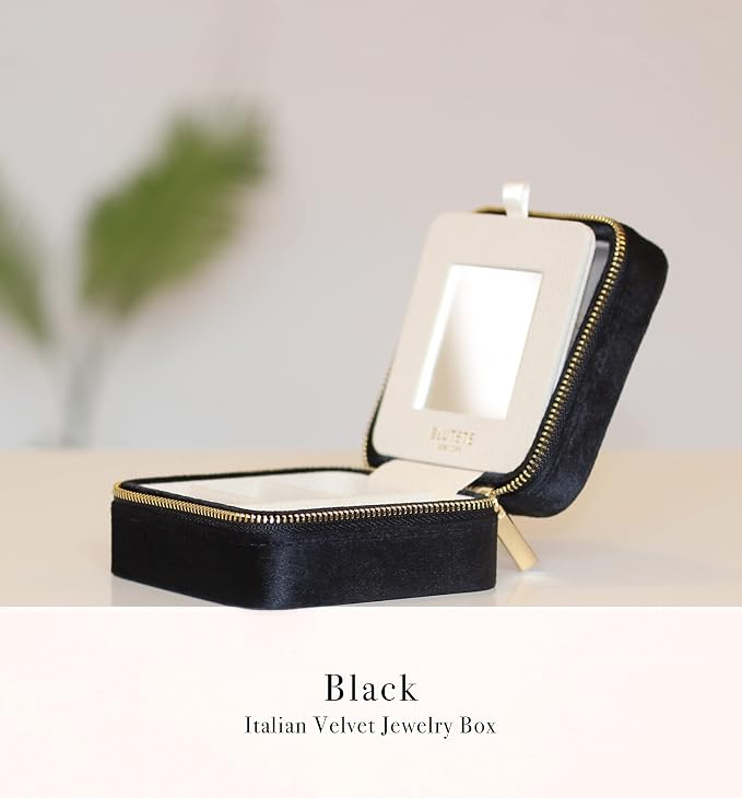 BLUTETE Travel Jewelry Box Organizer Velvet Travel Case With Mirror Rings Earrings Necklaces Storage Organizer Box (Black) - Image 4