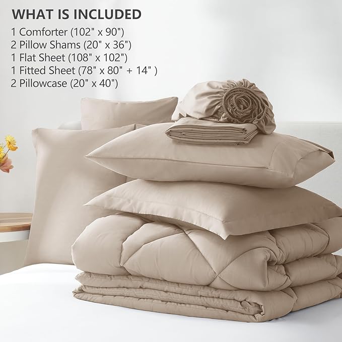 CozyLux King Size Comforter Set Wheat - 7 Pieces Bed in a Bag King, Luxury Soft Bed Set for All Seasons, Bedding Set with Down Alternative Comforter, Sheets, Pillowcases & Shams