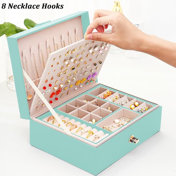 Earrings Jewelry Box for Girls, Large Capacity Jewelry Organizer with 40-Pair Earring Board, 2-Layer Leather Jewelry Storage Box for Necklaces Rings Bracelets with Removable Tray(Gift Idea),Turqueoise - Image 7
