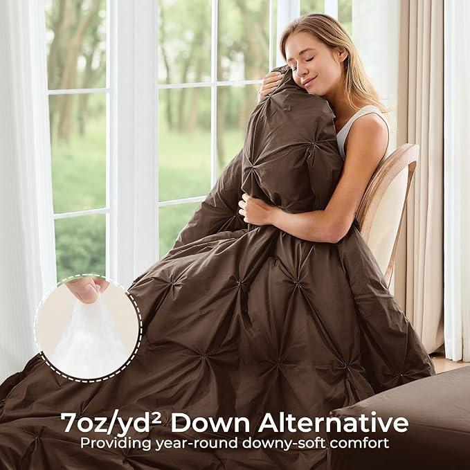Sasttie Twin Comforter Set, 5-Piece Bed in a Bag, Pintuck Bedding Sets for All Season, Includes Comforter, Flat Sheet, Fitted Sheet, Pillowcase and Pillowsham, Dark Brown