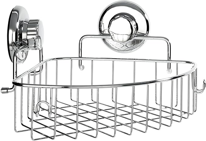 HASKO accessories Corner Shower Caddy with Suction Cups and 3M Adhesive Mounting Discs for porous surfaces - Stainless Steel Basket for Bathroom Storage (Chrome) by HASKOaccessories