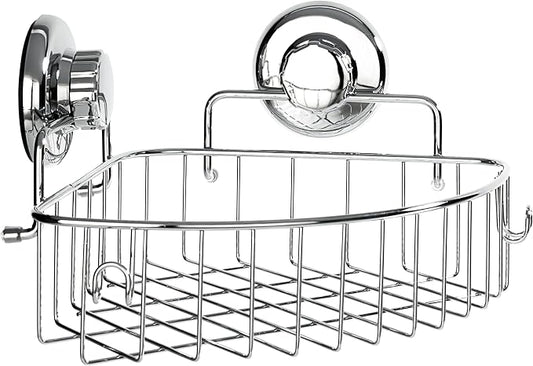 HASKO accessories Corner Shower Caddy with Suction Cups and 3M Adhesive Mounting Discs for porous surfaces - Stainless Steel Basket for Bathroom Storage (Chrome) by HASKOaccessories