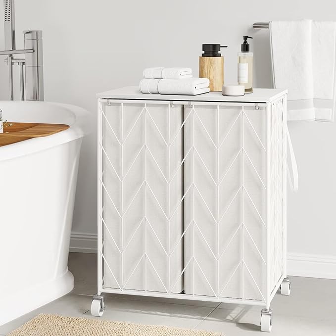 WOWLIVE Laundry Basket with Wheels, Heavy Duty Laundry Hamper with Wood Lid, Clothes Hamper with Divided Removable Liner Bag, Large Capacity Iron-Made Laundry Sorter Laundry Room Organization (White) - Image 2