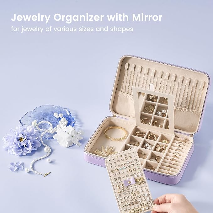 Lolalet Travel Jewelry Case for Women Girls, Travel Jewelry Organizer Box with Mirror & Clear Storage Bag, Small Portable Earring Necklace Bracelet Ring Case, Birthday Valentine Gifts -Large, Purple - Image 2