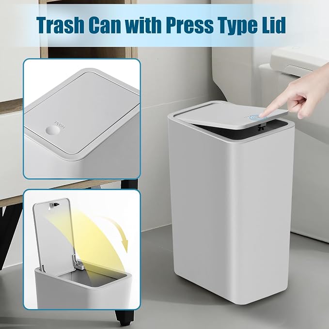 TIPGO Bathroom Trash Can with Lid, 10 Liter/ 2.6 Gallon Slim Garbage Can, Small Trash Bin Waste Basket with Pop-Up Lid for Kitchen, Bedroom, Living Room, Office (2 Pack, Grey) - Image 4