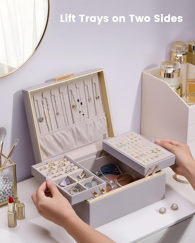 Lolalet Jewelry Box Organizer for Women Girls, 2 Layer Jewelry Organizers and Storage for Necklace Earrings Rings Bracelets, Large Jewellery Holder Case Birthday Mothers Day Gifts -HazePurple - Image 2