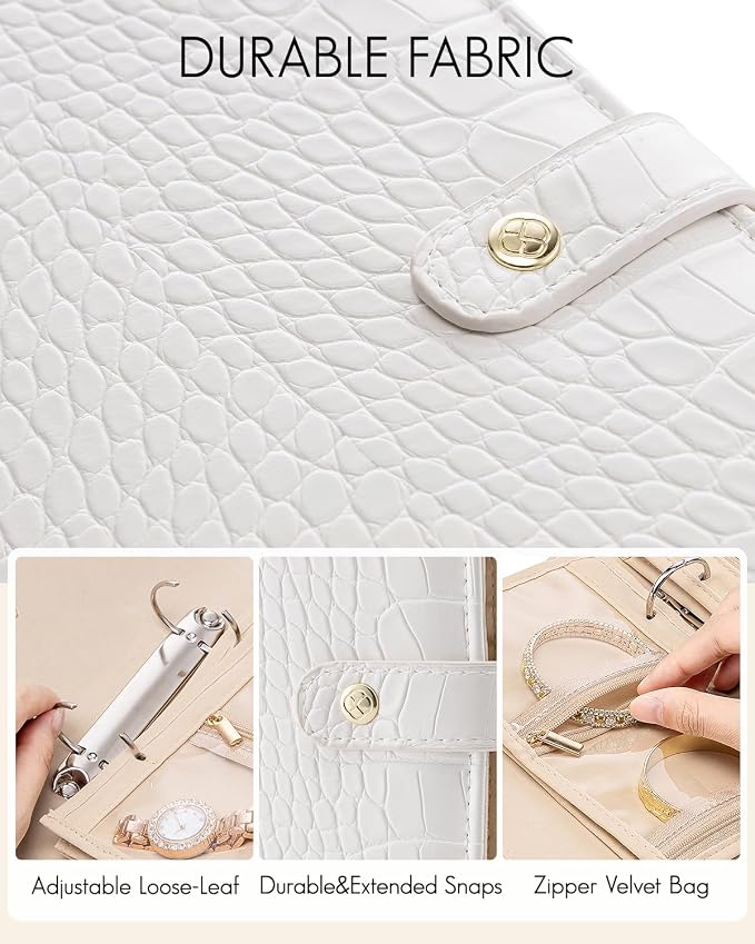 VLANDO Travel Jewelry Case,Jewelry Organizers and Storage Jewelry Book Ring Binder with Clear Zipper Velvet Jewelry Pouches Bags for Rings,Necklace,Earrings-White - Image 2