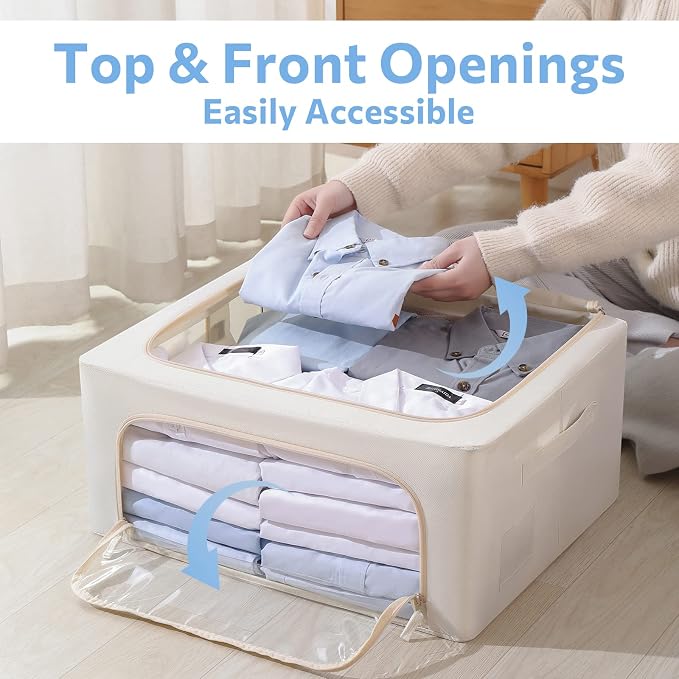 CYhom 3Pack Frame Storage Box - Clothes Storage Bin Bags Oxford Fabric Foldable Stackable Container Organizer Set with Clear Window & Carry Handles (Beige, Medium-44L) - Image 2