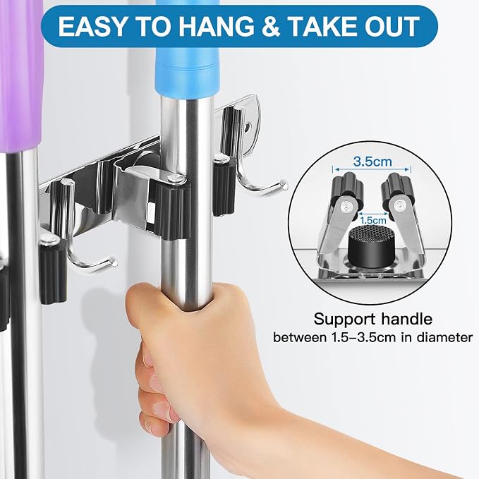 IMILLET Broom Holder Wall Mounted, Stainless Steel Broom Mop Holder Self Adhesive Heavy Duty Hooks Storage Organizer for Home Laundry Room Garden Garage Closet Kitchen 1 Pack（4 Racks with 5 Hooks） - Image 3