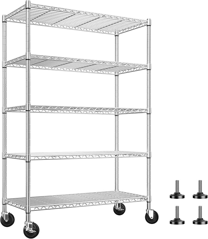 REIBII 73''H Storage Shelves 1660LBS Wire Shelving Unit with Wheels 5 Tier Metal Shelving,Heavy Duty Metal Shelves for Storage Rack,Commercial Industrial for Garage Kitchen 73''HX35''WX15''D,Chrome by REIBII