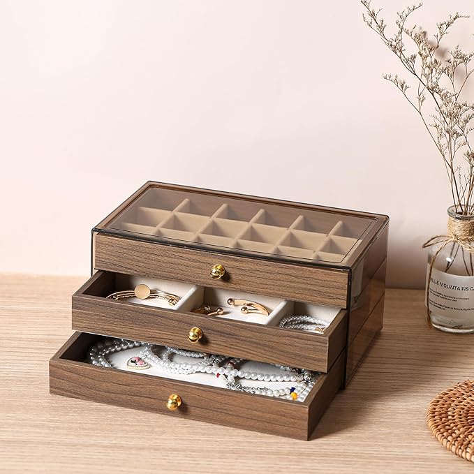 3 Layer Wooden Drawers Jewelry Box Vintage Style Jewelry Organizer with Acrylic Cover, Jewelry Storage Display Box for Ring Earrings Necklace Bracelet Box for Women and Girls(Walnut Color) (A) - Image 7