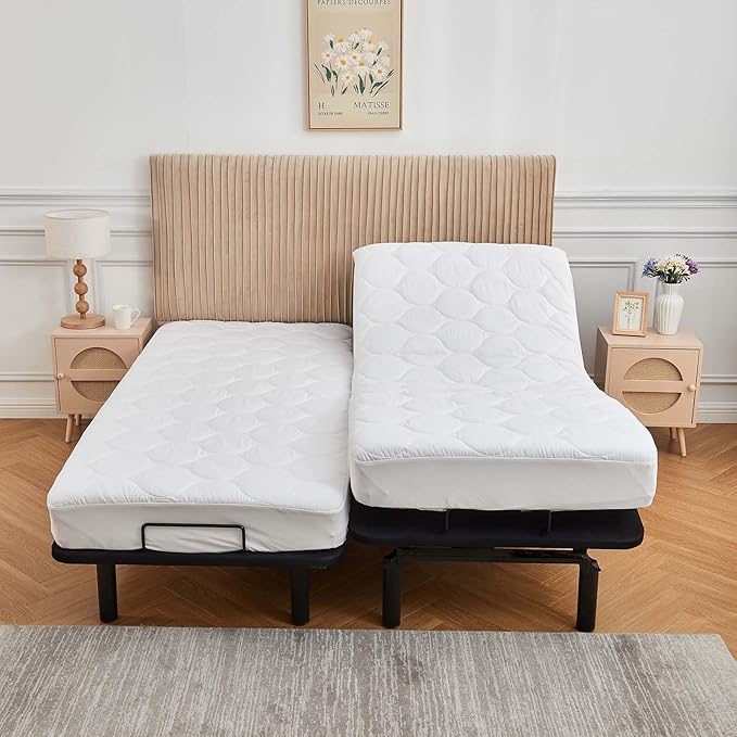 Kingnex Quilted Split California King Mattress Topper Pad for Adjustable Bed Breathable Fitted Fluffy Pillow Top Mattress Pad