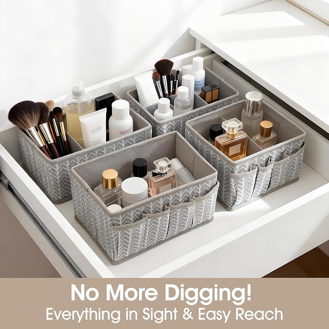 VERONLY Cosmetic Storage Bins Makeup Organizer, Adjustable Multifunction Storage Box Desk Drawer Divider for Makeup Brushes, Bathroom Countertop or Dresser, Set of 4 (Grey) - Image 4